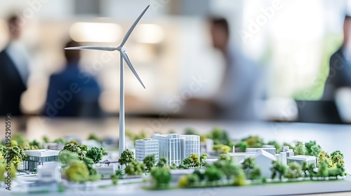 A small windmill power station model displayed on a modern office table, set in a bright and well-lit workplace environment for clean energy focus.