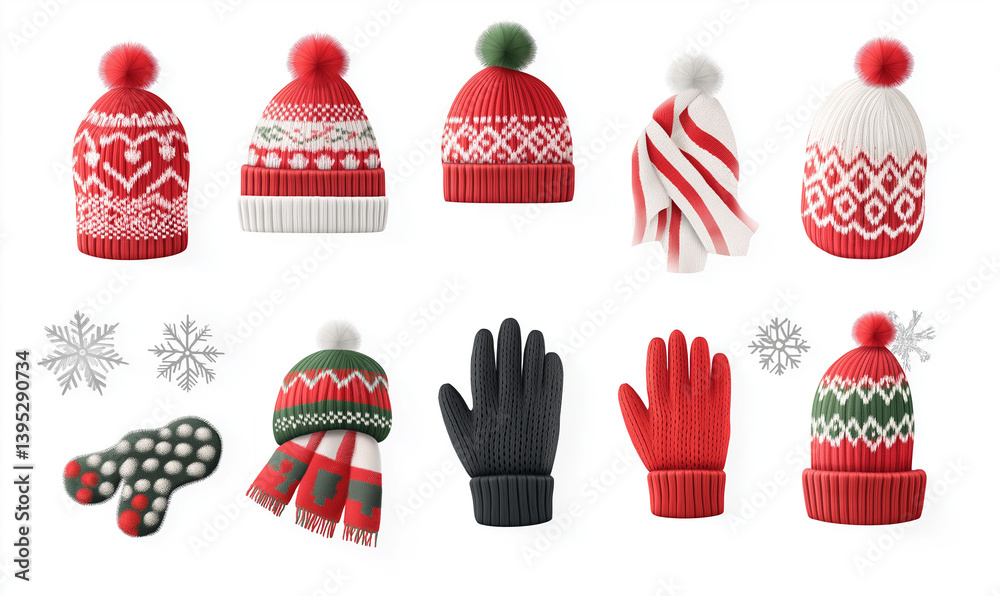 3D vector icon set of a red & green winter hat, scarf, and gloves isolated on a white background. 3D vector icon set of a red & green winter hat, scarf, and gloves isolated on a white background.