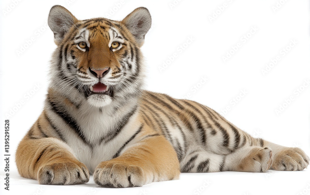Fototapeta premium Grinning tiger cub with bright eyes, relaxed pose, pure white background, playful wild animal expression