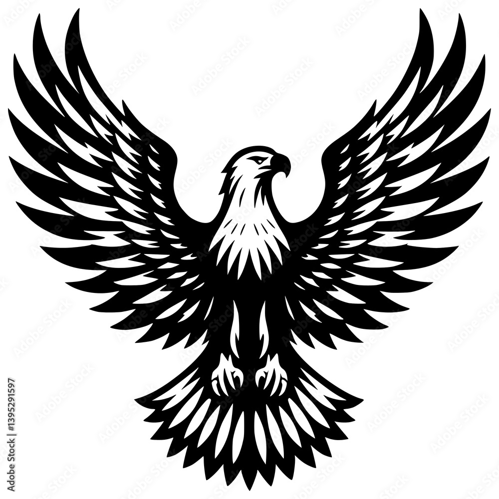 Obraz premium Soaring Spirit: An elegantly designed monochrome illustration captures the majestic essence of an eagle in full flight, with wings proudly displayed in a powerful pose.