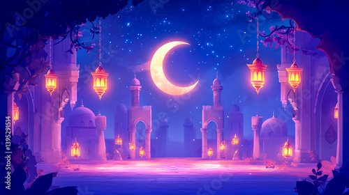 Ramadan Kareem Islamic Background Template Vector Illustration with Crescent Moon, Lanterns, and Arabic Calligraphy Design photo