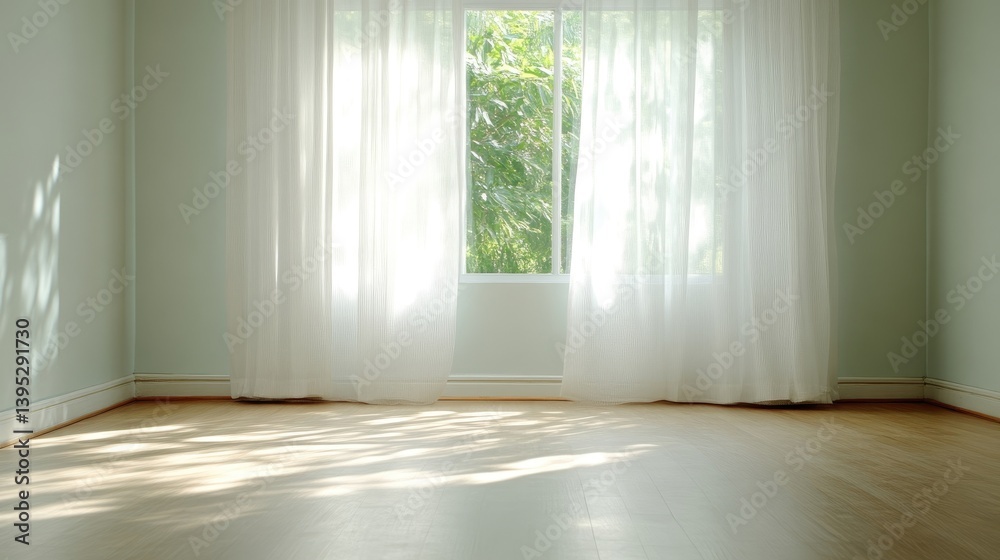 Fototapeta premium Empty room with natural light streaming through sheer curtains