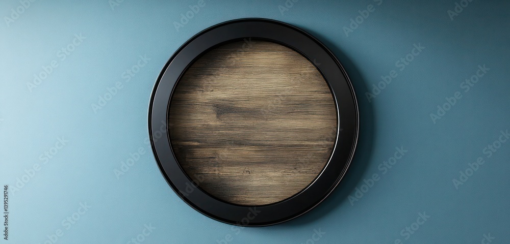 A circular frame with matte black edges and a deep, wood-textured core, centered on a muted blue wall, exuding elegance with simplicity.