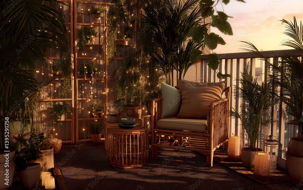 Fototapeta premium Boho balcony with bamboo furniture, fairy lights, soft cushions, lots of greenery, sunset lighting, peaceful corner
