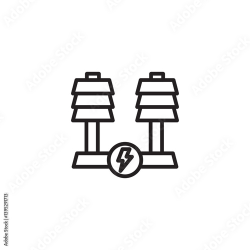 A line art illustration of two electrical insulators connected to a base with a lightning bolt symbol. This represents high-voltage power transmission or electrical infrastructure.