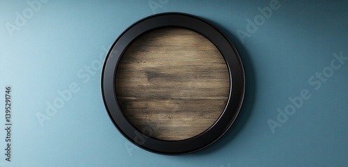 A circular frame with matte black edges and a deep, wood-textured core, centered on a muted blue wall, exuding elegance with simplicity.