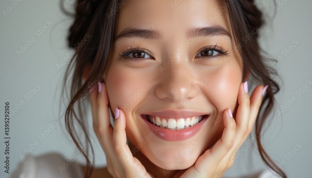 A beautiful young woman with long, flowing hair beams with happiness, her hands gently framing her face. Her sparkling eyes and radiant smile exude warmth and positivity, inviting viewers to share in A beautiful young woman with long, flowing hair beams with happiness, her hands gently framing her face. Her sparkling eyes and radiant smile exude warmth and positivity, inviting viewers to share in