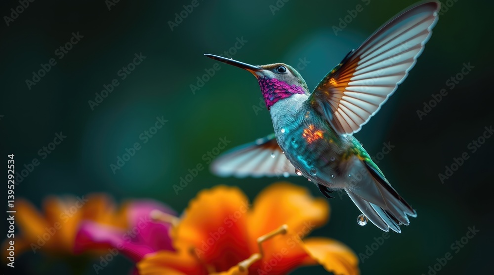 Fototapeta premium A beautiful hummingbird in flight with open wings and iridescent feathers