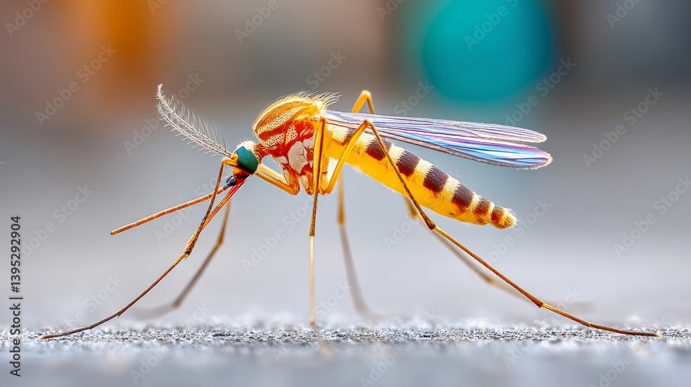 Fototapeta premium Yellow and black striped mosquito is standing on a surface. The mosquito is not in motion, and it is not biting