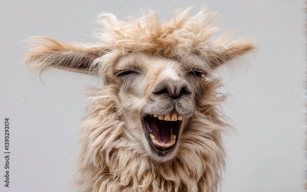 Obraz premium Laughing llama with open mouth and crooked teeth, wild hair, white studio background, quirky and funny look