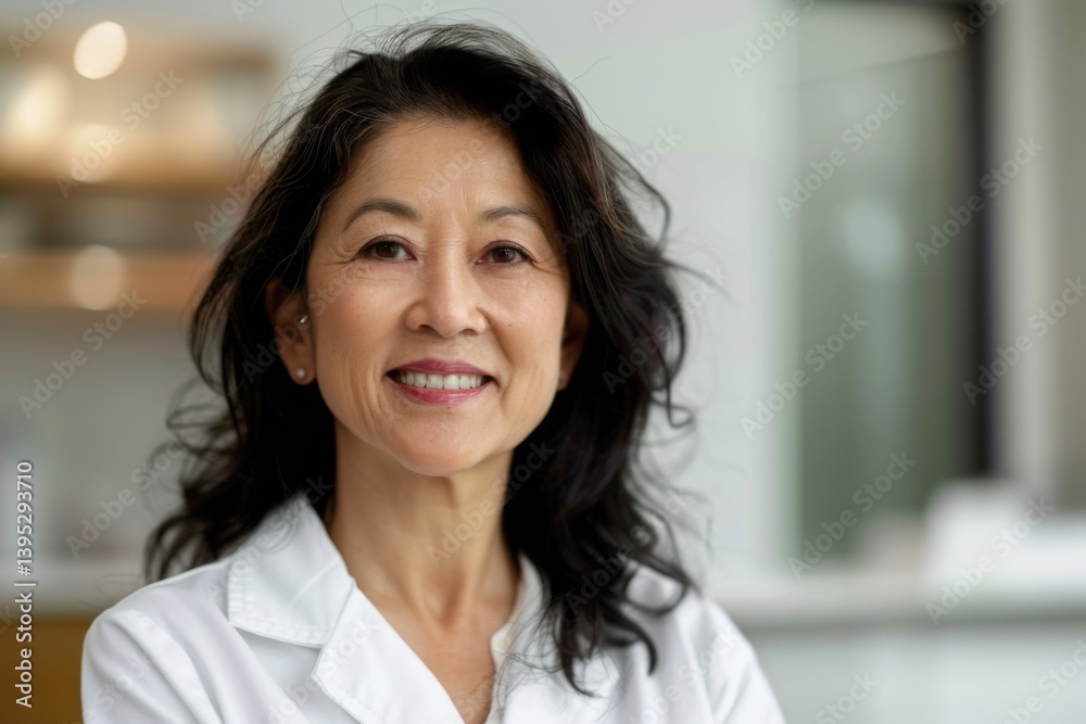 Smiling middle aged female Asian dentist in a modern dentists office portrait Smiling middle aged female Asian dentist in a modern dentists office portrait