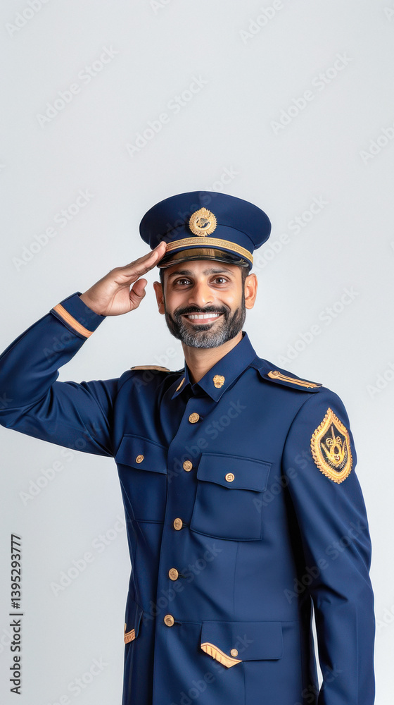 indian train conductor in blue uniform standing on white background indian train conductor in blue uniform standing on white background