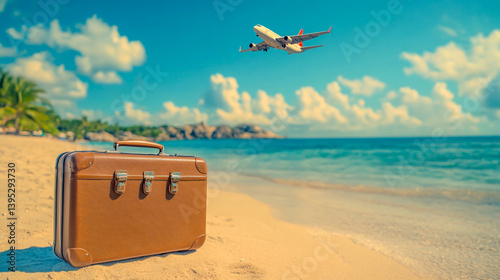Scenic banner of a suitcase on a sandy beach with a flying plane in the background, symbolizing travel, adventure, and vacation dreams