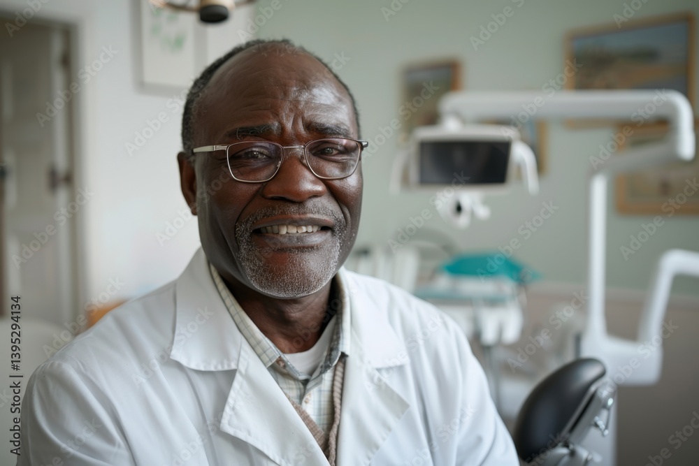 Smiling middle aged African dentist in a modern dentists office portrait Smiling middle aged African dentist in a modern dentists office portrait