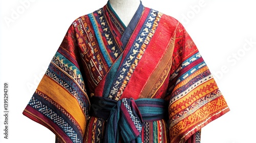 Colorful patterned robe on mannequin.