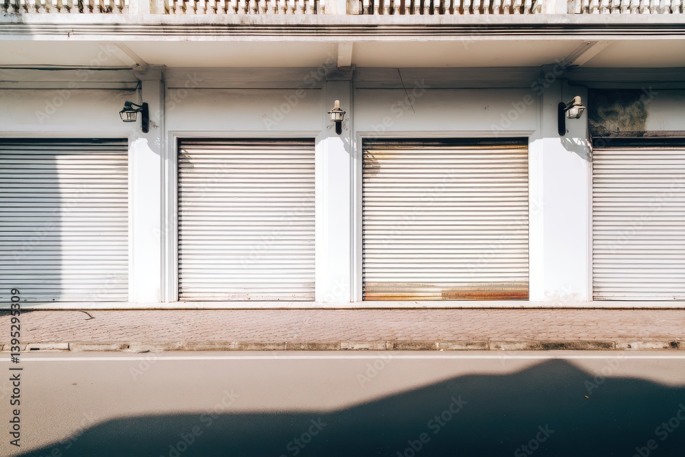 Fototapeta premium White closed roller shutter doors on the side of an empty street in the town center