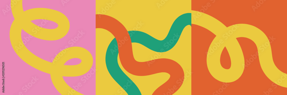 Abstract playful minimalistic background with wavy line. Banner with organic curvy curly stripe shape in retro flat style. Wave line art
