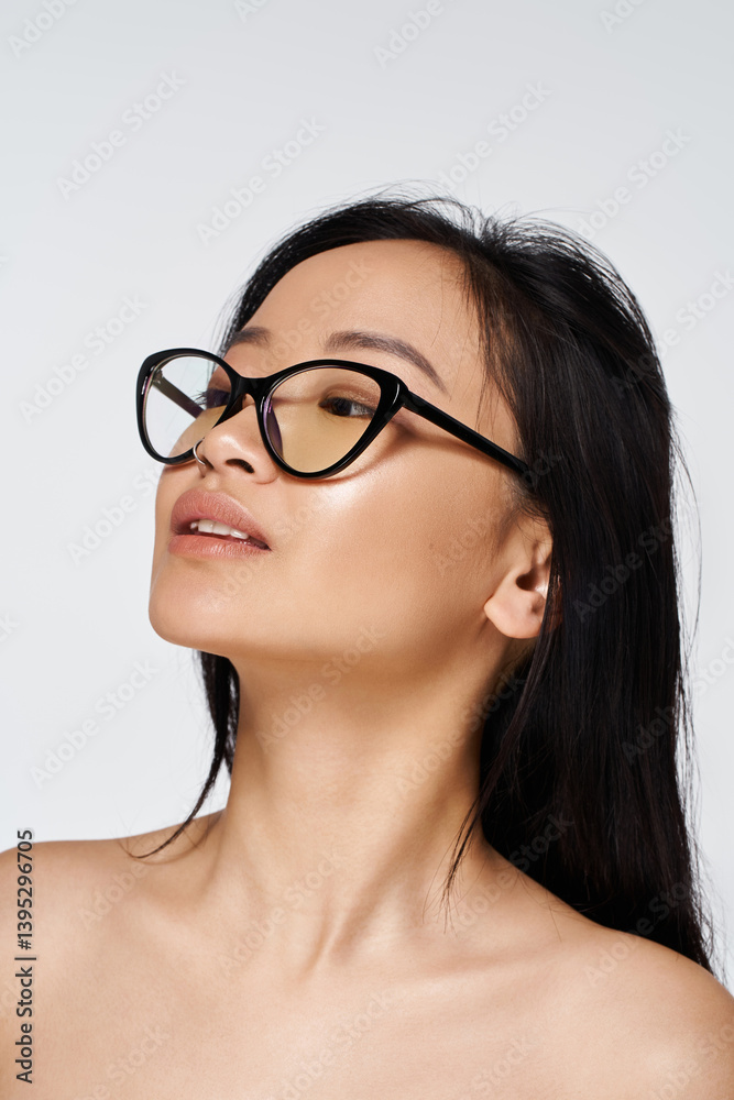 Stylish woman in glasses embodies beauty and elegance in a minimalistic setting Stylish woman in glasses embodies beauty and elegance in a minimalistic setting