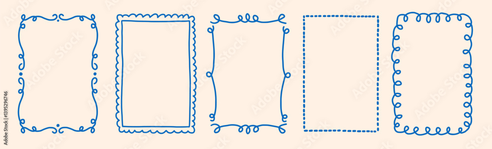 Rectangle and oval wavy scallop frame in doodle trendy vintage style. Border with elegant outline loop for greeting cards.