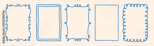 Rectangle and oval wavy scallop frame in doodle trendy vintage style. Border with elegant outline loop for greeting cards.