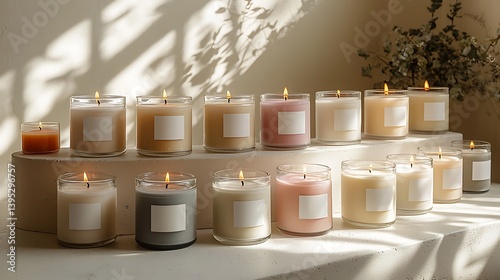 Scented candles in various colors on a tiered display