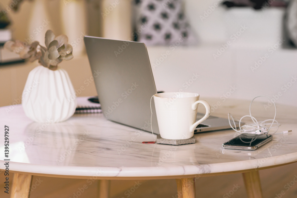 coffee table with laptop, phone and tea coffee table with laptop, phone and tea