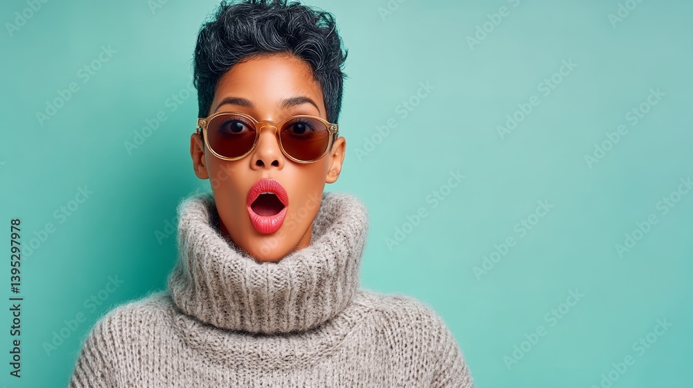 Woman with a surprised expression on her face is wearing sunglasses and a sweater. She is looking directly at the camera Woman with a surprised expression on her face is wearing sunglasses and a sweater. She is looking directly at the camera