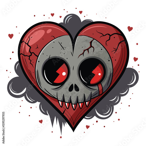 Create a bold, vector illustration of a skull seamlessly infused within a beating heart.  Emphasize strong, dark strokes and high contrast.