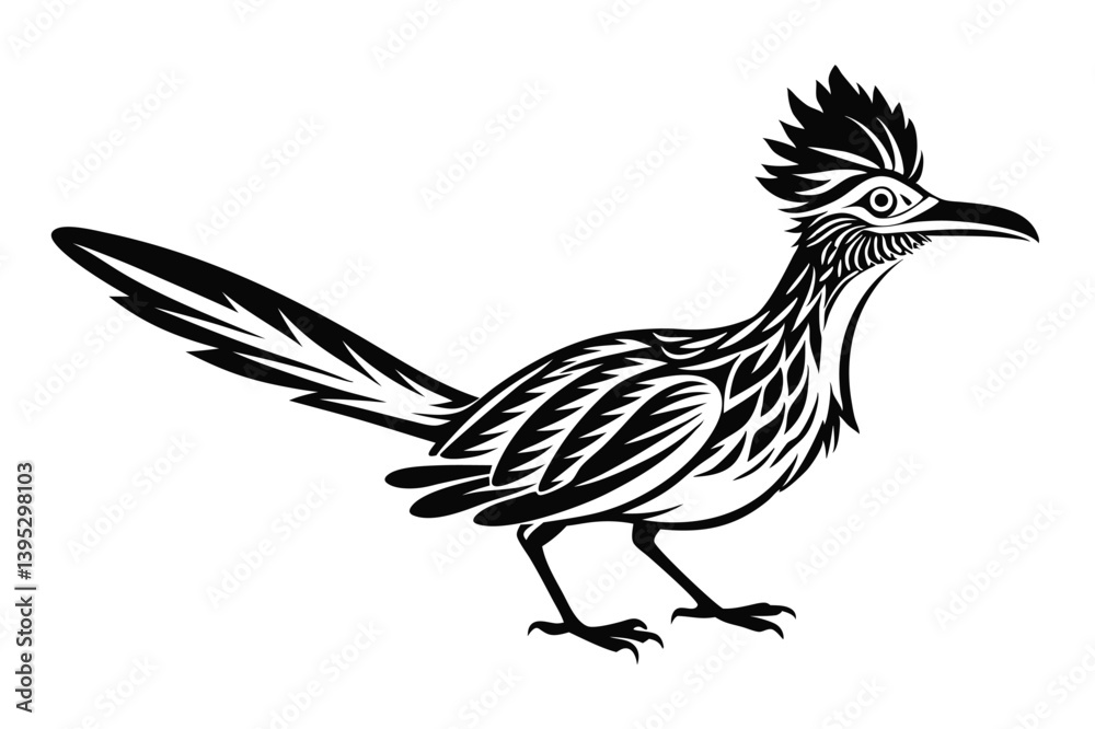Stylized Roadrunner Silhouette on White Background with Sharp Details and Crest Stylized Roadrunner Silhouette on White Background with Sharp Details and Crest