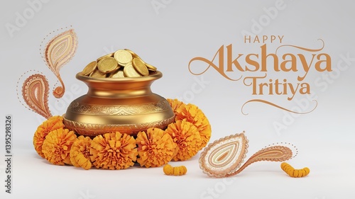 Golden Pot and Marigold Flowers Celebrating Akshaya Tritiya