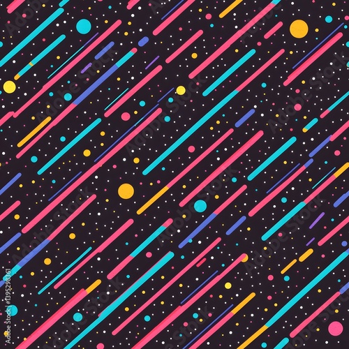Vibrant 80s retro style seamless pattern background texture featu diagonal lines, colorful dots, and a dynamic geometric design ideal for wallpapers and textile prints.