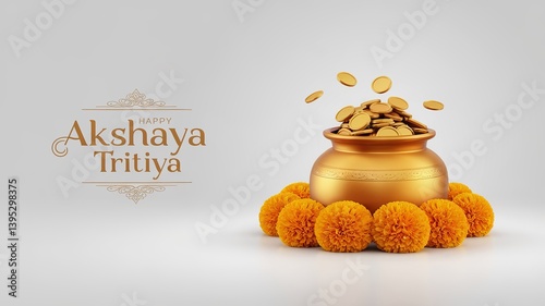 Golden Pot and Marigold Flowers Celebrating Akshaya Tritiya