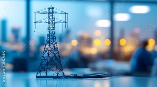 Obraz na płótnie Electricity grid station model sitting on an organized office desk with daylight coming through windows in a well-lit, tidy office. w salonie