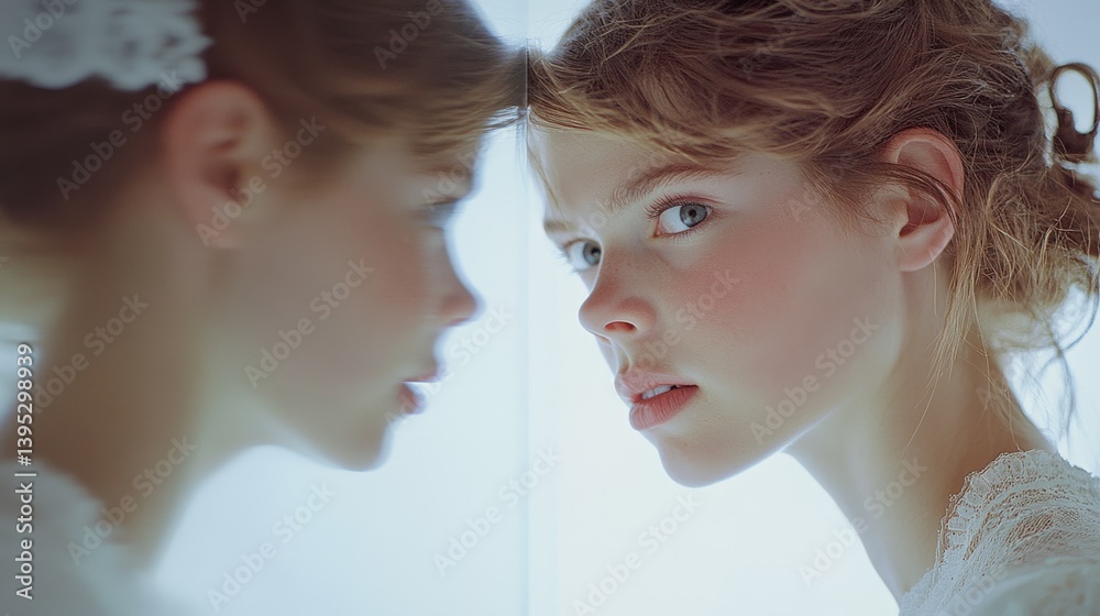 A thoughtful woman gazes through a mirror, her reflection creating a surreal, contemplative atmosphere. A thoughtful woman gazes through a mirror, her reflection creating a surreal, contemplative atmosphere.