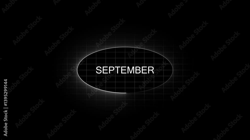 Name of the month September animation with neon circle.  September month text animation saber effect on black background 
