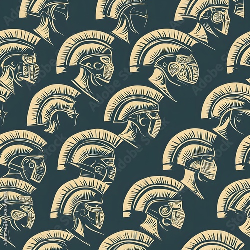 A seamless pattern featu a repeating design of vintage Roman gladiator helmets in a dark teal background ideal for textile prints or website backgrounds showcasing ancient