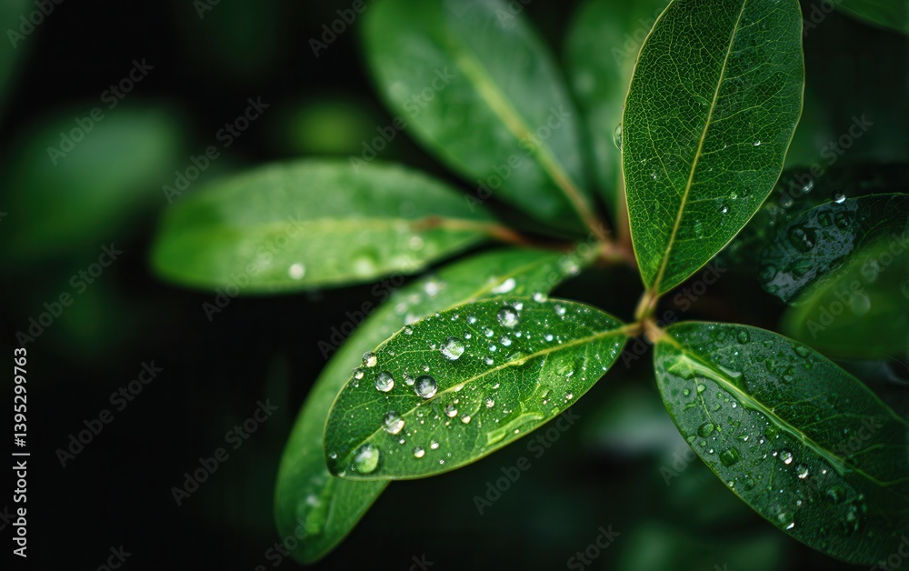 Fototapeta premium Close-up of fresh green leaves with dew drops, natural purity and sustainability background