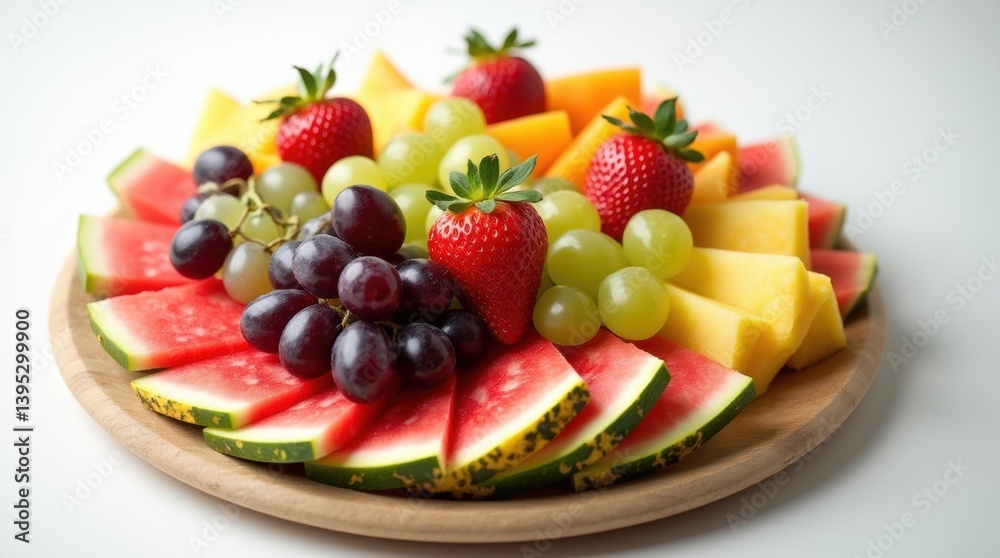 A vibrant circular fruit platter with watermelon, pineapple, grapes, kiwi, strawberries arranged on a clean white background under bright natural light