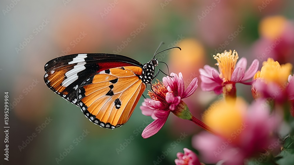 Obraz premium Butterfly is sitting on a pink flower. The flower is surrounded by other pink flowers. The butterfly is orange and black