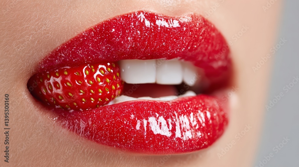 Obraz premium Woman's mouth is filled with a strawberry. The strawberry is surrounded by a red gloss, giving the impression that the woman is wearing a strawberry lip gloss
