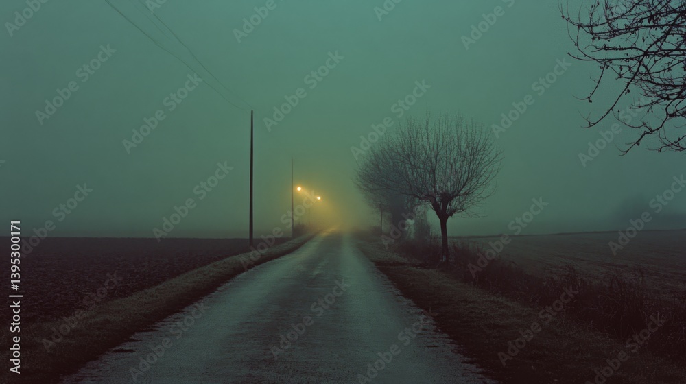 Obraz premium A fog-laden rural road stretches into the distance, flanked by leafless trees and lit by a solitary streetlamp, evoking eerie stillness.