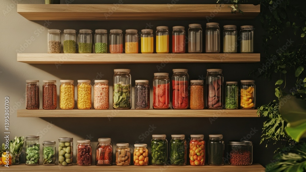 Obraz premium Shelves filled with jars of various foods and spices for pantry organization.
