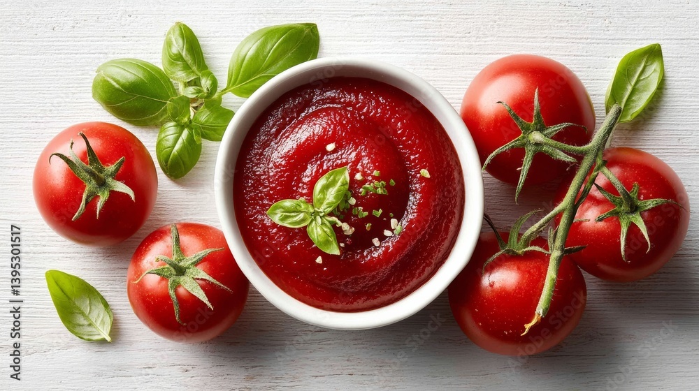 Bowl of red tomato sauce with a bunch of fresh basil leaves and tomatoes. The bowl is placed on a white table Bowl of red tomato sauce with a bunch of fresh basil leaves and tomatoes. The bowl is placed on a white table
