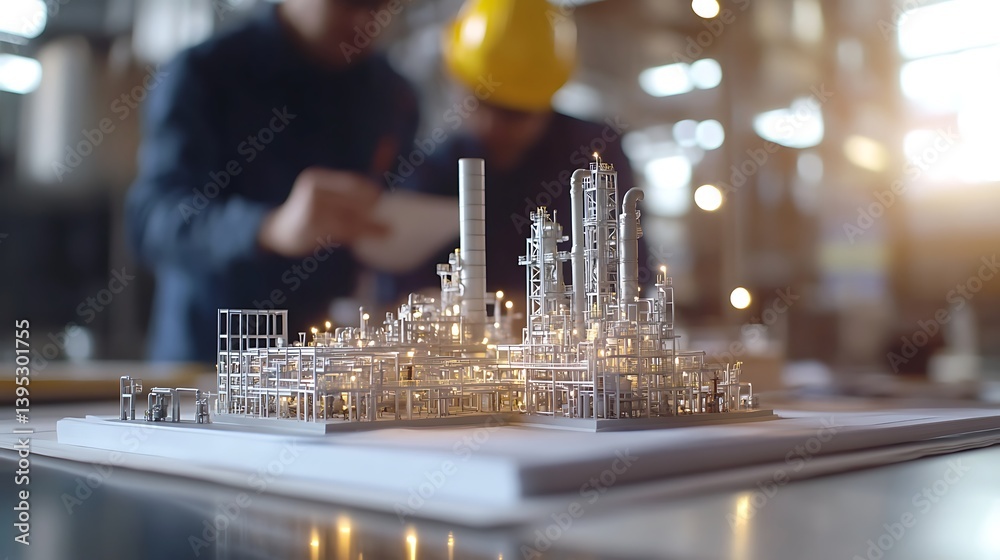 Office table with a scale model of an oil refinery, lit by daylight in a bright room, combining industry and workplace design.