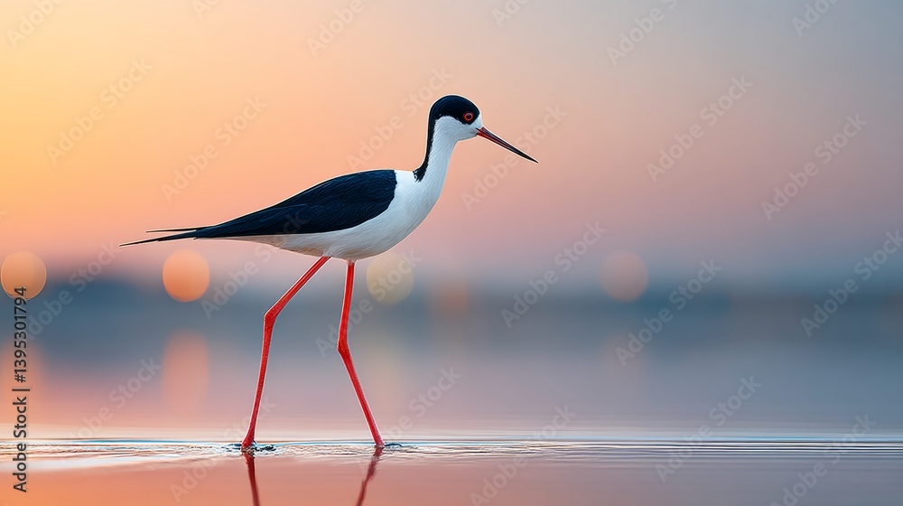 Obraz premium Black and white bird is walking on the water. The bird is standing on the water's surface, and the sky is pink and orange. The bird's reflection can be seen in the water