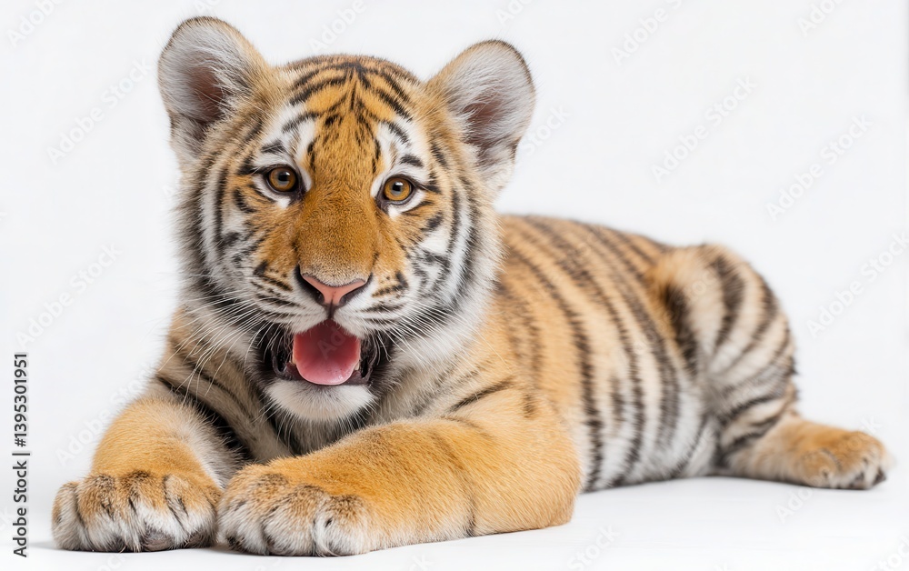 Obraz premium Grinning tiger cub with bright eyes, relaxed pose, pure white background, playful wild animal expression