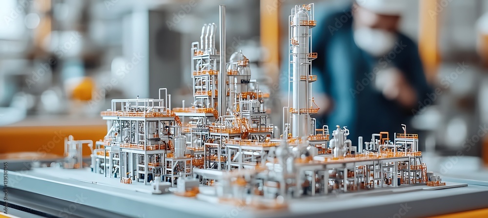 Office table with a scale model of an oil refinery, lit by daylight in a bright room, combining industry and workplace design.