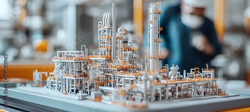 Obraz na płótnie Office table with a scale model of an oil refinery, lit by daylight in a bright room, combining industry and workplace design. w salonie