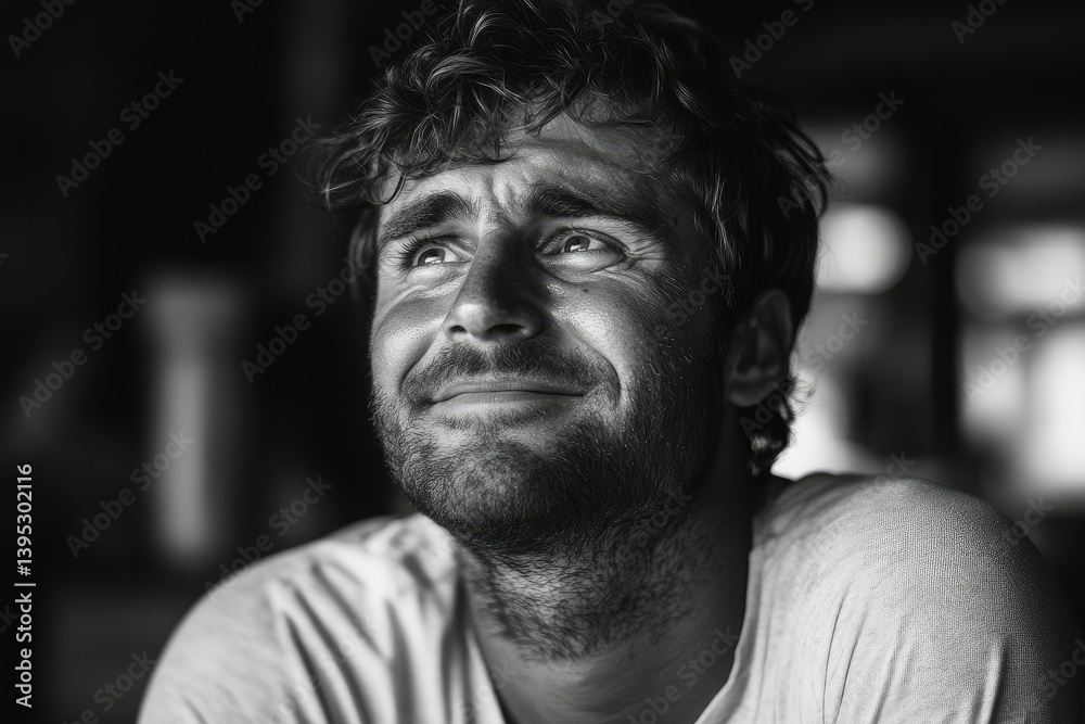 Man Looking Upward with Hopeful Expression in Black and White Portrait Man Looking Upward with Hopeful Expression in Black and White Portrait
