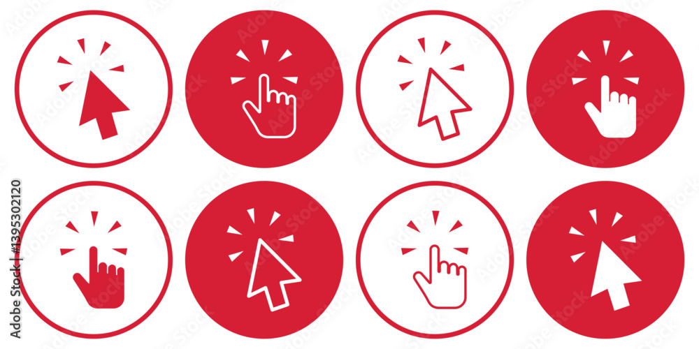 Hand and arrow click icon set. This collection of user-friendly cursor click icons is perfect for websites, apps, and other digital platforms. Hand and arrow click icon set. This collection of user-friendly cursor click icons is perfect for websites, apps, and other digital platforms.